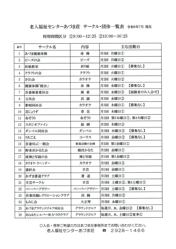 令和８年度　老人福祉センターあづま荘　サークル一覧表