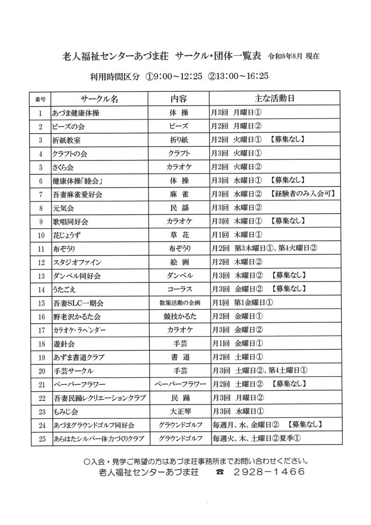 令和８年度　老人福祉センターあづま荘　サークル一覧表